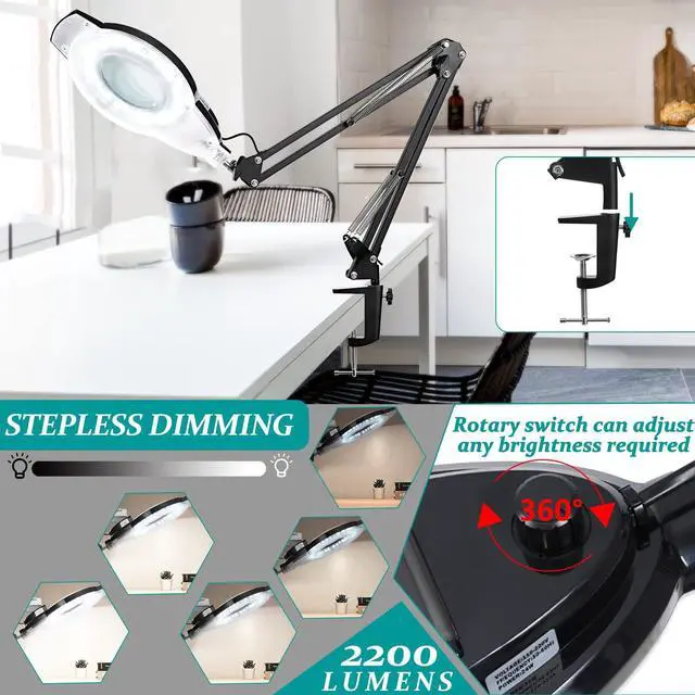Alt view image 3 of 7 - 10X Magnifying Glass with Light and Stand, NUEYiO 2200 Lumens Stepless Dimmable LED Magnifying Lamp, 4.2" Real Glass Lens, Adjustable Swing Arm Lighted Magnifier Lamp for Repair, Crafts, Workbench