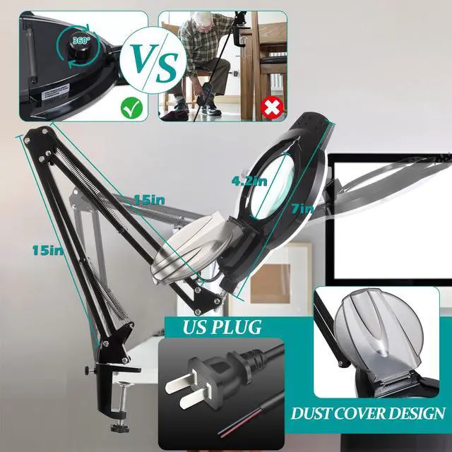 Alt view image 5 of 7 - 10X Magnifying Glass with Light and Stand, NUEYiO 2200 Lumens Stepless Dimmable LED Magnifying Lamp, 4.2" Real Glass Lens, Adjustable Swing Arm Lighted Magnifier Lamp for Repair, Crafts, Workbench