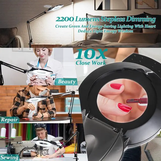 Alt view image 6 of 7 - 10X Magnifying Glass with Light and Stand, NUEYiO 2200 Lumens Stepless Dimmable LED Magnifying Lamp, 4.2" Real Glass Lens, Adjustable Swing Arm Lighted Magnifier Lamp for Repair, Crafts, Workbench
