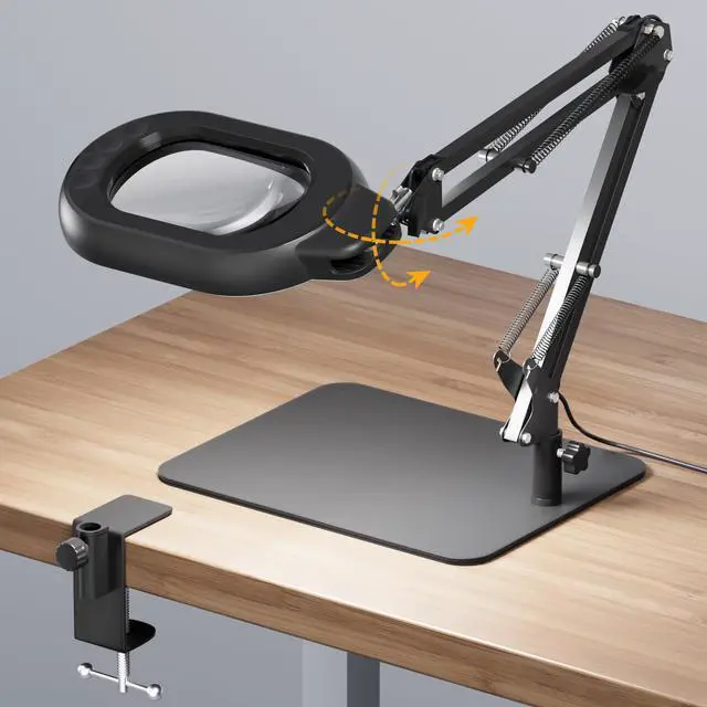 Main image of Magnifying Desk Lamp, 10X Square Magnifying Glass with Light and Stand, Dimmable LED Magnifier Lamp with Clamp and Base, Adjustable Swing Arm Light for Close Work, Reading, Crafting, Black