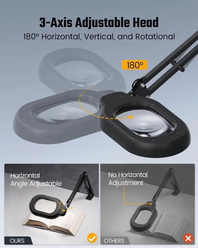 Alt view image 4 of 7 - Magnifying Desk Lamp, 10X Square Magnifying Glass with Light and Stand, Dimmable LED Magnifier Lamp with Clamp and Base, Adjustable Swing Arm Light for Close Work, Reading, Crafting, Black