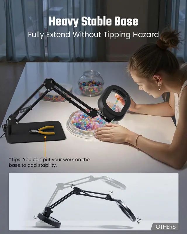 Alt view image 6 of 7 - Magnifying Desk Lamp, 10X Square Magnifying Glass with Light and Stand, Dimmable LED Magnifier Lamp with Clamp and Base, Adjustable Swing Arm Light for Close Work, Reading, Crafting, Black