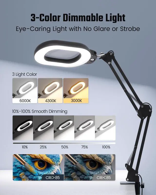 Alt view image 5 of 7 - Magnifying Desk Lamp, 10X Square Magnifying Glass with Light and Stand, Dimmable LED Magnifier Lamp with Clamp and Base, Adjustable Swing Arm Light for Close Work, Reading, Crafting, Black