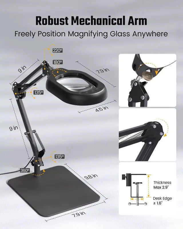 Alt view image 7 of 7 - Magnifying Desk Lamp, 10X Square Magnifying Glass with Light and Stand, Dimmable LED Magnifier Lamp with Clamp and Base, Adjustable Swing Arm Light for Close Work, Reading, Crafting, Black