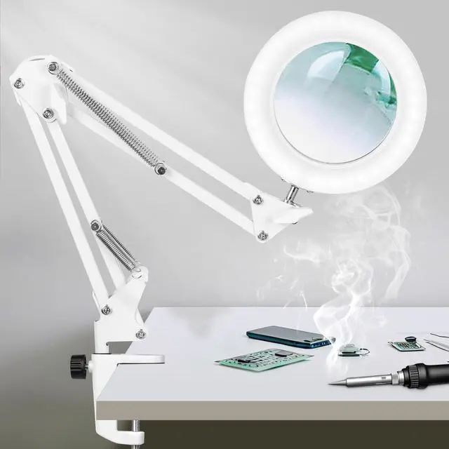 Main image of 10X LED Magnifying Lamp with Clamp Real Glass Lens, 3 Color Modes and Stepless Dimmable Magnifier Desk Lamp,Adjustable Swivel Arm Lighted Magnifying Glass for Repair Craft Close Work-White