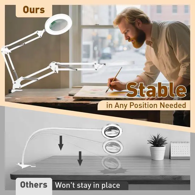 Alt view image 2 of 7 - 10X LED Magnifying Lamp with Clamp Real Glass Lens, 3 Color Modes and Stepless Dimmable Magnifier Desk Lamp,Adjustable Swivel Arm Lighted Magnifying Glass for Repair Craft Close Work-White