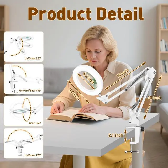 Alt view image 7 of 7 - 10X LED Magnifying Lamp with Clamp Real Glass Lens, 3 Color Modes and Stepless Dimmable Magnifier Desk Lamp,Adjustable Swivel Arm Lighted Magnifying Glass for Repair Craft Close Work-White