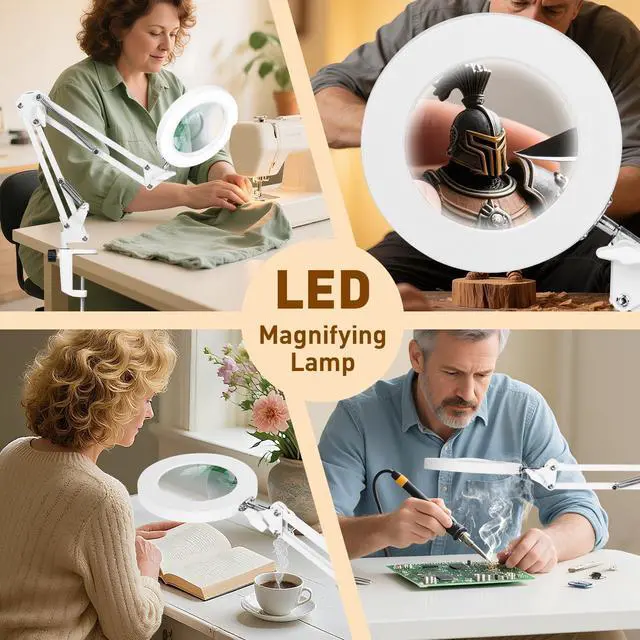 Alt view image 6 of 7 - 10X LED Magnifying Lamp with Clamp Real Glass Lens, 3 Color Modes and Stepless Dimmable Magnifier Desk Lamp,Adjustable Swivel Arm Lighted Magnifying Glass for Repair Craft Close Work-White