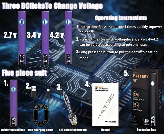 Alt view image 2 of 7 - 510 Thread Battery Professional Cordless Soldering Iron with LED Display Precise Temp Control USB-CRechargeable 650mAh Electric Purple Soldering Pen, Precision work/Appliance Repair, 3Speed Adjustment