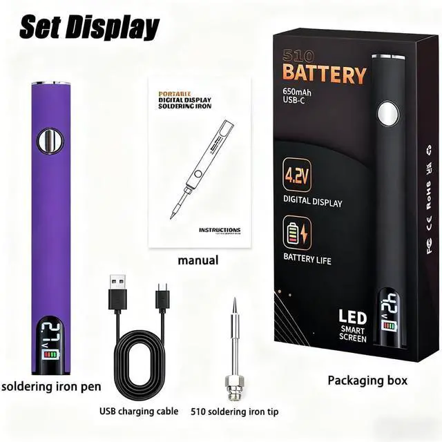 Alt view image 4 of 7 - 510 Thread Battery Professional Cordless Soldering Iron with LED Display Precise Temp Control USB-CRechargeable 650mAh Electric Purple Soldering Pen, Precision work/Appliance Repair, 3Speed Adjustment