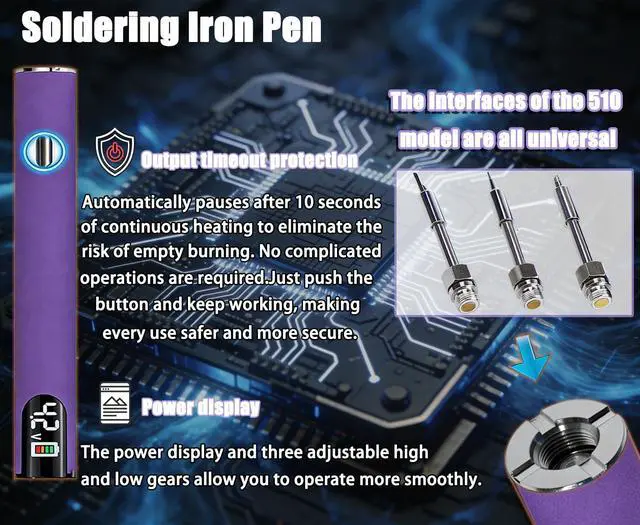 Alt view image 3 of 7 - 510 Thread Battery Professional Cordless Soldering Iron with LED Display Precise Temp Control USB-CRechargeable 650mAh Electric Purple Soldering Pen, Precision work/Appliance Repair, 3Speed Adjustment