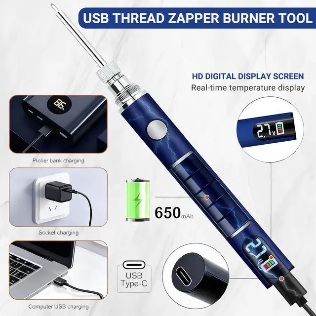 Alt view image 4 of 6 - 2026 Rechargeable Thread Burner Kit with Digital LCD Screen for Intelligent Temperature Control,Burning Pen with Three Settings of 2.7V, 3.7V and 4.2V, 510 Thread Battery (White)