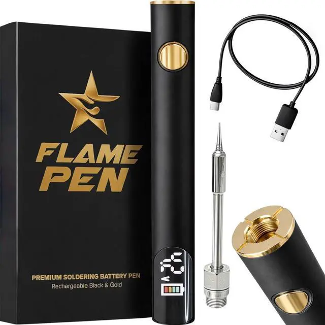 Main image of 510 Threaded Battery Pen, 650mAh Cordless Soldering Iron with LED Display, Precise Temp Control USB-C Rechargeable, 3-Speed Adjustable Appliance Repair, DIY & Jewelry | Flame Pen Black & Gold