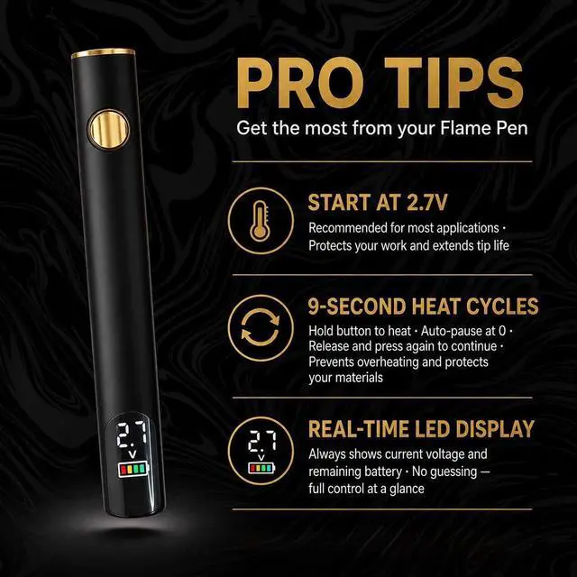 Alt view image 4 of 7 - 510 Threaded Battery Pen, 650mAh Cordless Soldering Iron with LED Display, Precise Temp Control USB-C Rechargeable, 3-Speed Adjustable Appliance Repair, DIY & Jewelry | Flame Pen Black & Gold