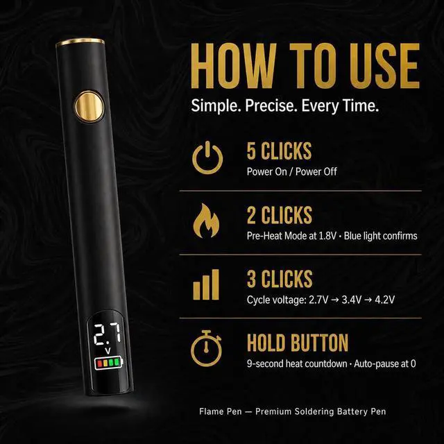 Alt view image 2 of 7 - 510 Threaded Battery Pen, 650mAh Cordless Soldering Iron with LED Display, Precise Temp Control USB-C Rechargeable, 3-Speed Adjustable Appliance Repair, DIY & Jewelry | Flame Pen Black & Gold