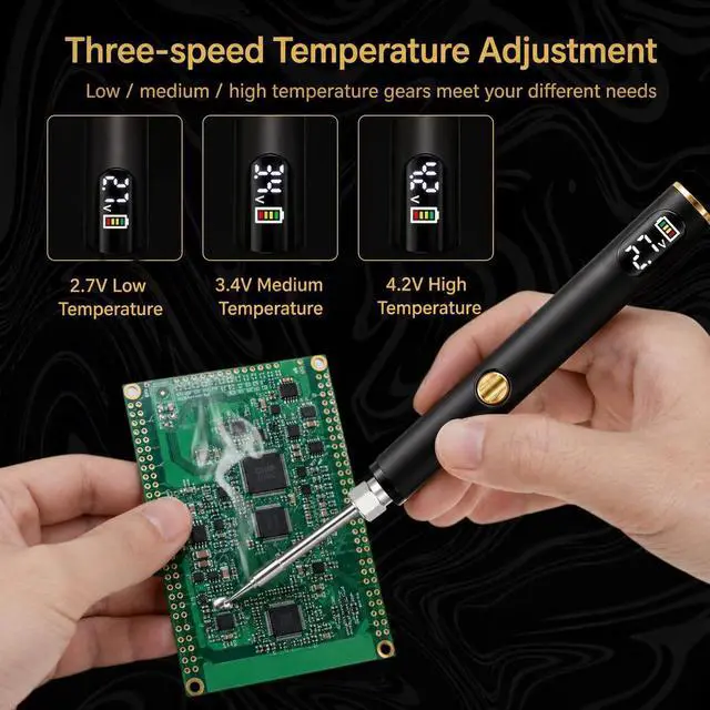 Alt view image 6 of 7 - 510 Threaded Battery Pen, 650mAh Cordless Soldering Iron with LED Display, Precise Temp Control USB-C Rechargeable, 3-Speed Adjustable Appliance Repair, DIY & Jewelry | Flame Pen Black & Gold