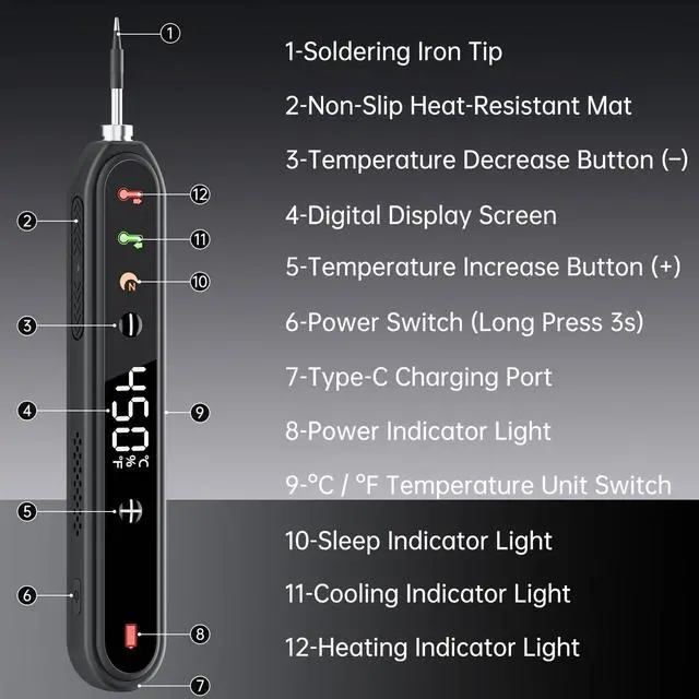 Alt view image 5 of 7 - Cordless Soldering Iron Kit, 8s Fast Heat-Up, 1400mAh Rechargeable Battery, Type-C Charging, Adjustable Temp 180~450 , 3 Replaceable Tips, Wireless Soldering Pen for DIY Electronics Repair Black