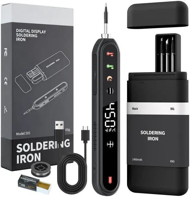 Main image of Cordless Soldering Iron Kit, 8s Fast Heat-Up, 1400mAh Rechargeable Battery, Type-C Charging, Adjustable Temp 180~450 , 3 Replaceable Tips, Wireless Soldering Pen for DIY Electronics Repair Black
