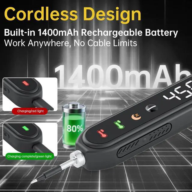 Alt view image 3 of 7 - Cordless Soldering Iron Kit, 8s Fast Heat-Up, 1400mAh Rechargeable Battery, Type-C Charging, Adjustable Temp 180~450 , 3 Replaceable Tips, Wireless Soldering Pen for DIY Electronics Repair Black