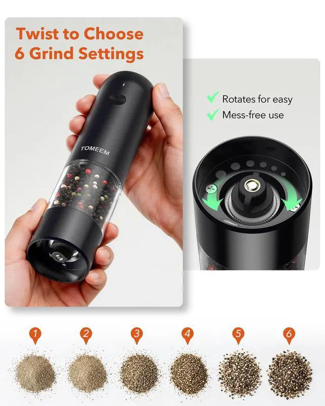 Alt view image 3 of 7 - Electric Salt and Pepper Grinder Set with LED LightsRechargeable Automatic Pepper and Salt Mill with 6 Adjustable Coarseness, Dust Cover, One-Button Control for Cooking, Home Gifts