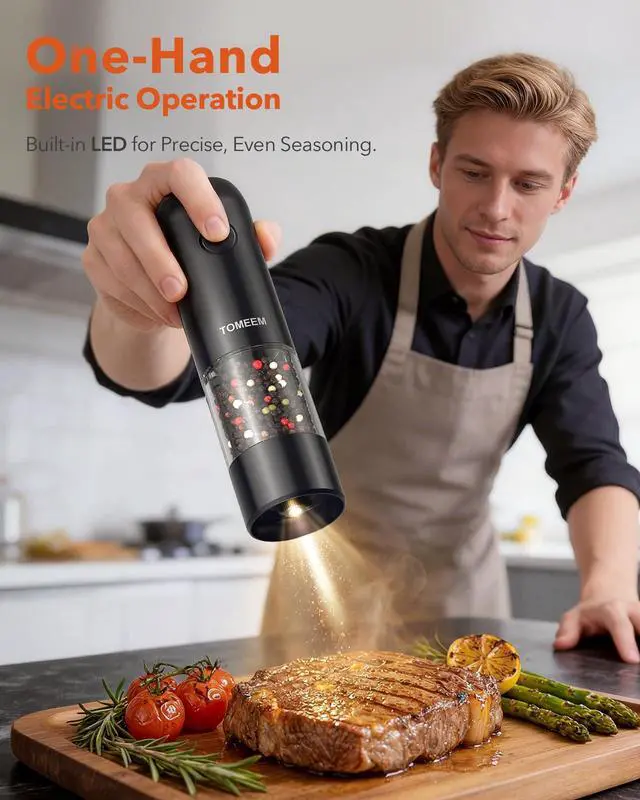 Alt view image 2 of 7 - Electric Salt and Pepper Grinder Set with LED LightsRechargeable Automatic Pepper and Salt Mill with 6 Adjustable Coarseness, Dust Cover, One-Button Control for Cooking, Home Gifts