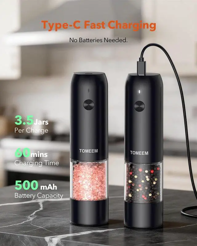 Alt view image 4 of 7 - Electric Salt and Pepper Grinder Set with LED LightsRechargeable Automatic Pepper and Salt Mill with 6 Adjustable Coarseness, Dust Cover, One-Button Control for Cooking, Home Gifts