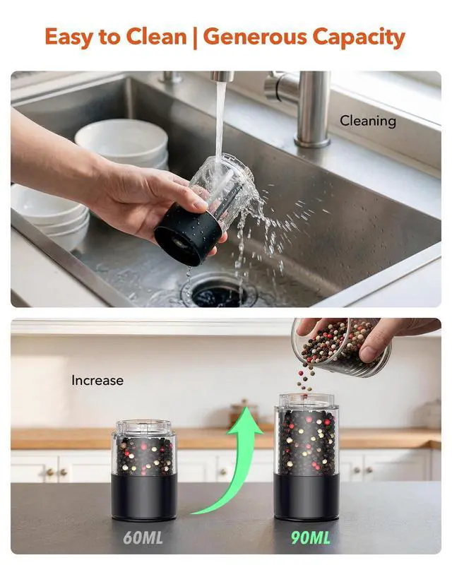 Alt view image 5 of 7 - Electric Salt and Pepper Grinder Set with LED LightsRechargeable Automatic Pepper and Salt Mill with 6 Adjustable Coarseness, Dust Cover, One-Button Control for Cooking, Home Gifts