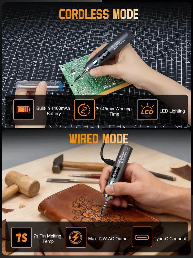 Alt view image 3 of 7 - Cordless Soldering Iron Kit, 1400mAh Rechargeable Cordless Soldering Iron, 7 Seconds Fast Heating(500°F-788), LED Light and Adjustable Temperature, Soldering Iron for Electric Repairs, DIY