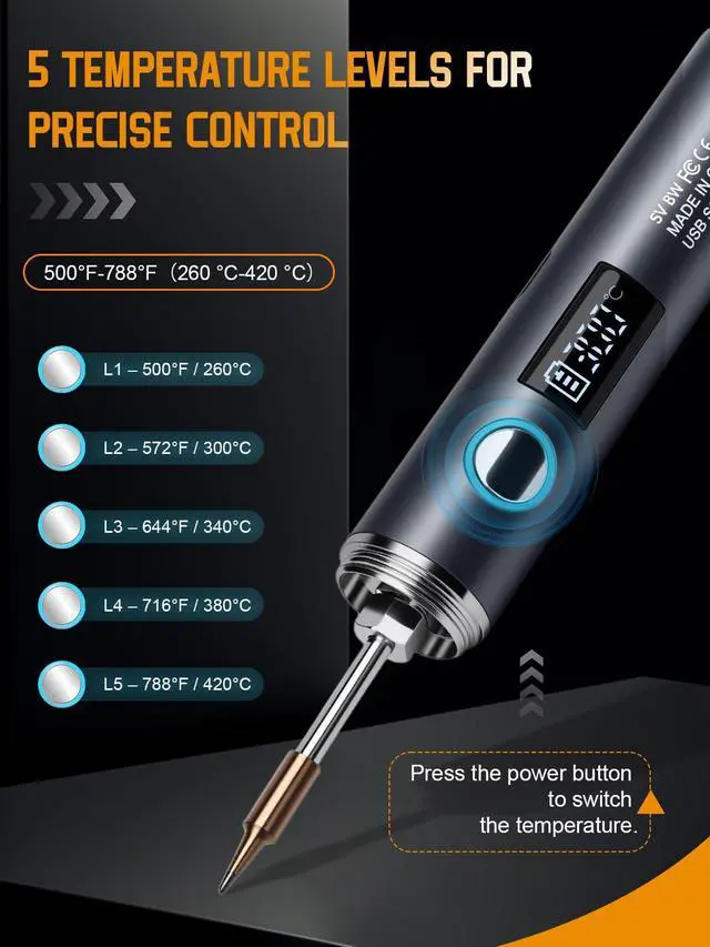 Alt view image 5 of 7 - Cordless Soldering Iron Kit, 1400mAh Rechargeable Cordless Soldering Iron, 7 Seconds Fast Heating(500°F-788), LED Light and Adjustable Temperature, Soldering Iron for Electric Repairs, DIY