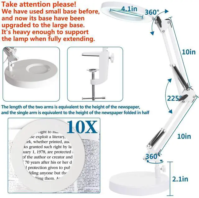 Alt view image 4 of 7 - 10X Magnifying Glass with Light, 1,800 Lumens Stepless Dimmable, 3 Color Modes, 4.2 Real Glass Lens LED Magnifying Desk Lamp & Clamp, Magnifier Light and Stand for Crafts Close Work-White