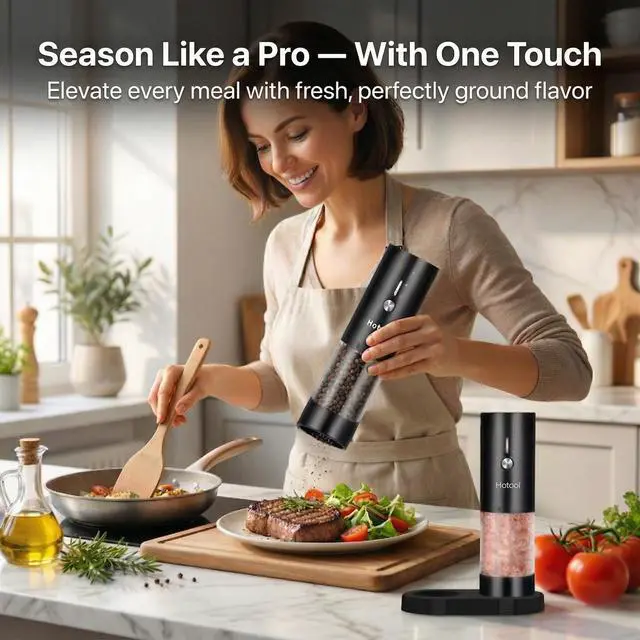 Alt view image 2 of 7 - Electric Salt and Pepper Grinder Set - Rechargeable Salt and Pepper Shakers with Base - Adjustable Coarseness Salt Grinder - Kitchen Gadgets, Gifts for Mom, Dad, Women, Men, Sister, Grandpa