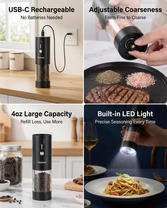 Alt view image 5 of 7 - Electric Salt and Pepper Grinder Set - Rechargeable Salt and Pepper Shakers with Base - Adjustable Coarseness Salt Grinder - Kitchen Gadgets, Gifts for Mom, Dad, Women, Men, Sister, Grandpa