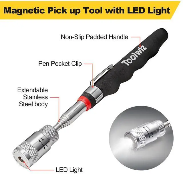 Alt view image 4 of 7 - Magnetic Telescoping Pickup Tool 8 Lb, Portable Extendable Magnet Pickup Tool 7.7-32 Inch/19-80 Cm Extendable Retrieving Tool with Led Light, 8 Lbs Lifting Capacity Magnet Pickup Tool