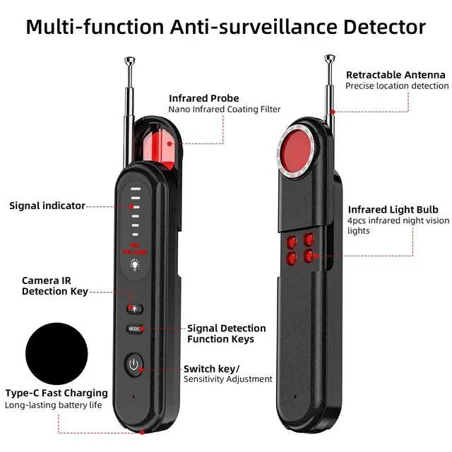 Alt view image 5 of 7 - Hidden Camera Detector - 2025 Camera Detector, Hidden Device GPS Detector, Bug Detector, Camera Detector for Hotels, Travel, Office, 5 Levels Sensitivity (Black)