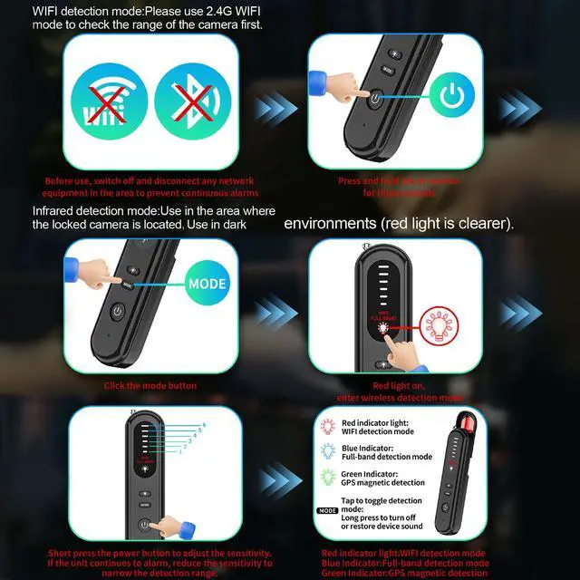 Alt view image 3 of 7 - Hidden Camera Detector - 2025 Camera Detector, Hidden Device GPS Detector, Bug Detector, Camera Detector for Hotels, Travel, Office, 5 Levels Sensitivity (Black)