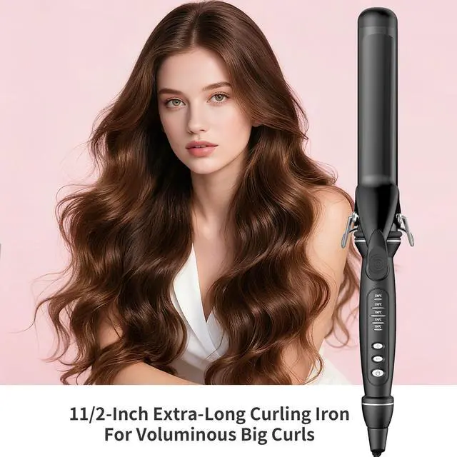 Alt view image 2 of 7 - 1 1/2 Inch Curling Iron, Tourmaline Ceramic Extra Long Barrel Curling Iron 1.5 Inch with Auto Shut-Off, Dual Voltage 110-240V Hair Curler Suitable for Travel, Including Glove
