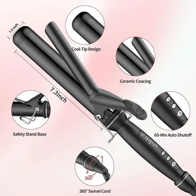 Alt view image 3 of 7 - 1 1/2 Inch Curling Iron, Tourmaline Ceramic Extra Long Barrel Curling Iron 1.5 Inch with Auto Shut-Off, Dual Voltage 110-240V Hair Curler Suitable for Travel, Including Glove