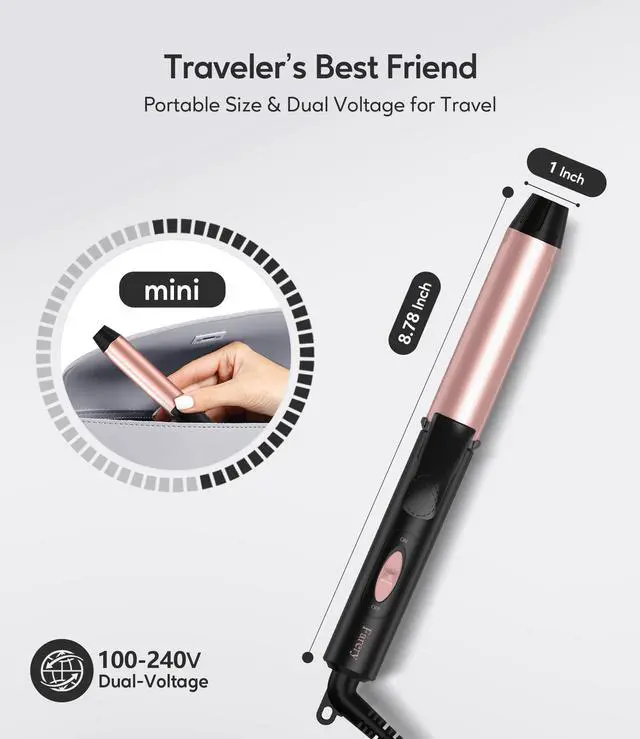Alt view image 2 of 7 - Mini Curling Iron 1 Inch, 100-240V Dual Voltage for Travel, Ceramic Curling Iron Travel Size with Keratin & Argan Oil Infused, Mini Hair Curler with Storage Bag, Rose-Gold