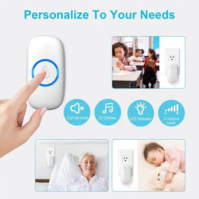 Alt view image 5 of 6 - Wireless Doorbell, Door bell Over 1000ft Coverage with 2 Plug-In Receivers, 1 Waterproof Push button, 52 Chimes, 110dB loud Sound Colorful LED Flash
