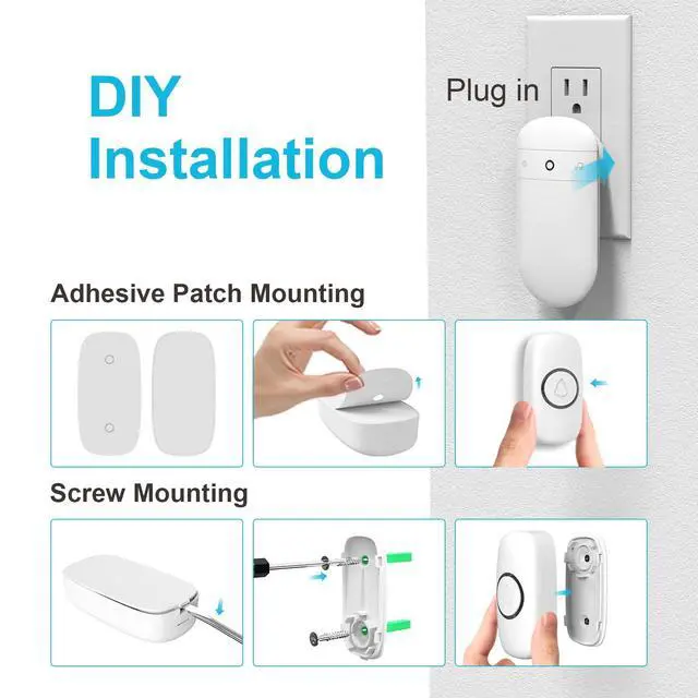 Alt view image 6 of 6 - Wireless Doorbell, Door bell Over 1000ft Coverage with 2 Plug-In Receivers, 1 Waterproof Push button, 52 Chimes, 110dB loud Sound Colorful LED Flash