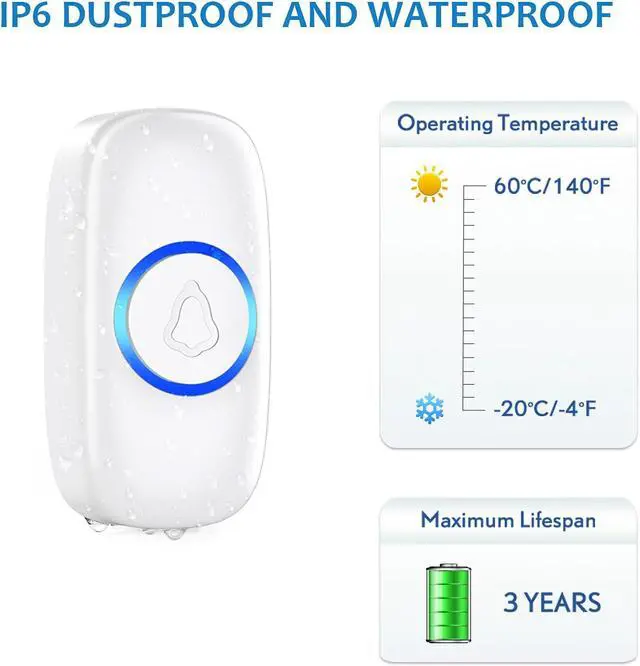 Alt view image 4 of 6 - Wireless Doorbell, Door bell Over 1000ft Coverage with 2 Plug-In Receivers, 1 Waterproof Push button, 52 Chimes, 110dB loud Sound Colorful LED Flash