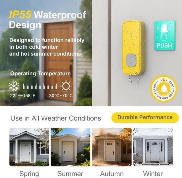 Alt view image 3 of 7 - Wireless Doorbell with 1 Button 3 Receivers,Door Bell,1300FT/400M Ultra-Long Range,55 Chimes 5 Volume,IP55 Waterproof,110 db Extra Loud with Flashing Light,for Home/Classroom/Office/Warehouse