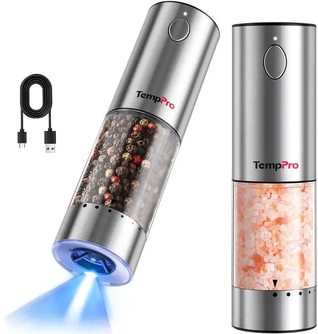 Main image of 100ml Electric Salt and Pepper Grinder Set Rechargeable, Automatic Pepper Grinder Shakers with External Adjustment, Refillable Pepper Mill Set with Cover & LED, 2-Pack(Previously ThermoPro)