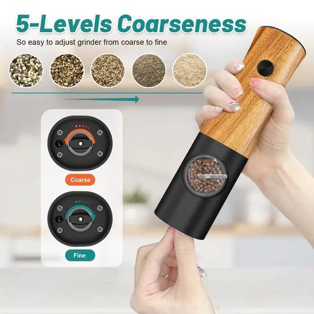 Alt view image 3 of 7 - Electric Salt and Pepper Grinder Set - Automatic Battery Powered Salt Grinder Salt and Pepper Shakers Set Electric with Auto Light Adjustable For Gravity Operated Wood Grain Peppercorn Mill