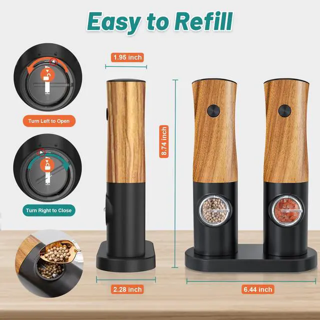 Alt view image 5 of 7 - Electric Salt and Pepper Grinder Set - Automatic Battery Powered Salt Grinder Salt and Pepper Shakers Set Electric with Auto Light Adjustable For Gravity Operated Wood Grain Peppercorn Mill