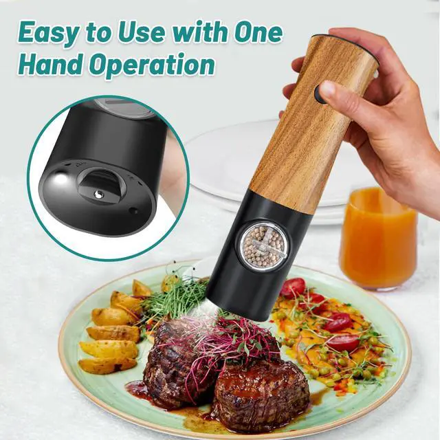 Alt view image 4 of 7 - Electric Salt and Pepper Grinder Set - Automatic Battery Powered Salt Grinder Salt and Pepper Shakers Set Electric with Auto Light Adjustable For Gravity Operated Wood Grain Peppercorn Mill