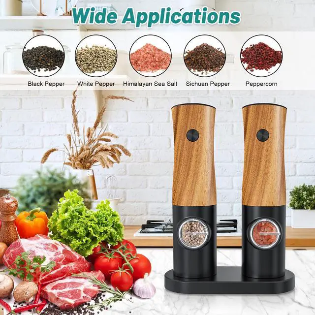 Alt view image 6 of 7 - Electric Salt and Pepper Grinder Set - Automatic Battery Powered Salt Grinder Salt and Pepper Shakers Set Electric with Auto Light Adjustable For Gravity Operated Wood Grain Peppercorn Mill