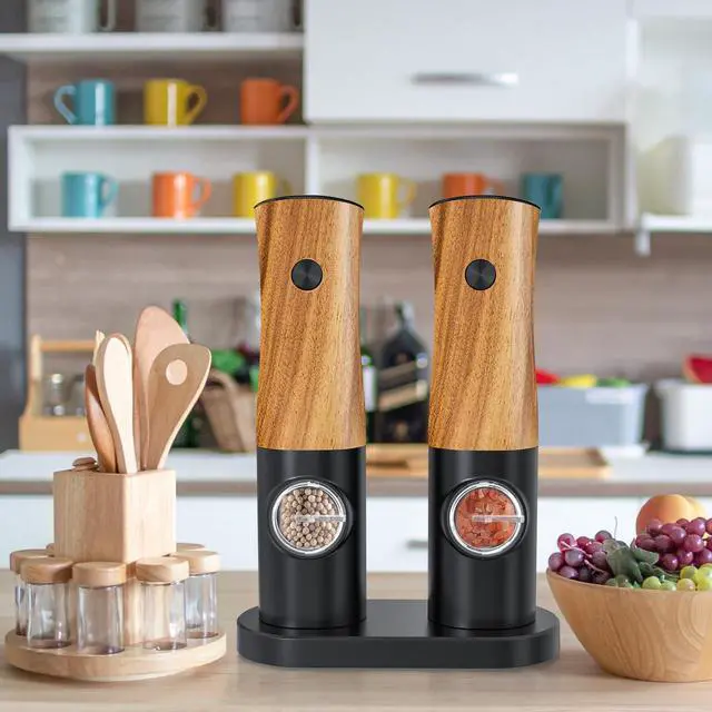 Alt view image 7 of 7 - Electric Salt and Pepper Grinder Set - Automatic Battery Powered Salt Grinder Salt and Pepper Shakers Set Electric with Auto Light Adjustable For Gravity Operated Wood Grain Peppercorn Mill