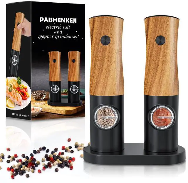 Main image of Electric Salt and Pepper Grinder Set - Automatic Battery Powered Salt Grinder Salt and Pepper Shakers Set Electric with Auto Light Adjustable For Gravity Operated Wood Grain Peppercorn Mill