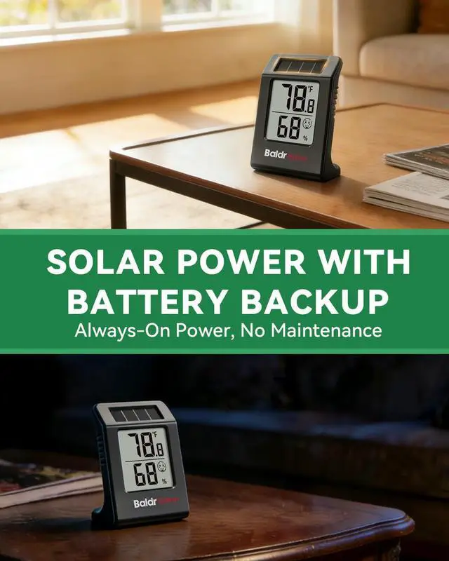 Alt view image 3 of 6 - 2-Pack Digital Hygrometer Thermometer, Solar Power with Battery Backup Temperature and Humidity Monitor, Mini Room Thermometer with Comfort Indicator (Black)